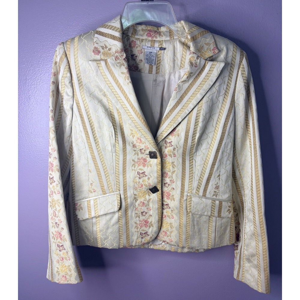 Evelyn VTG Petite Floral Blazer Jacket White Gold Tapestry Satin Women's Sie 10P